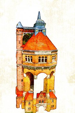 The water tower at Sudecka Street in Wroclaw, 63 meters high, designed by Karl Klimm. Built 1904-1905, situated in Borek, the district of Krzyki, Wroclaw, Poland.