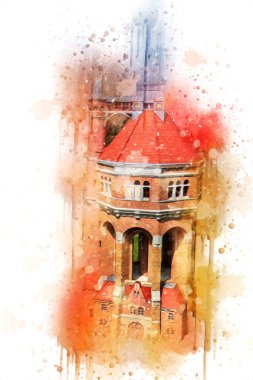 The water tower at Sudecka Street in Wroclaw, 63 meters high, designed by Karl Klimm. Built 1904-1905, situated in Borek, the district of Krzyki, Wroclaw, Poland.