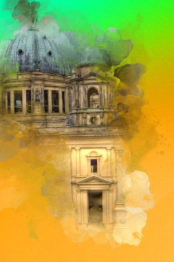 Berliner Dom, Berlin, Deutschland, Almanya, Avrupa, sanat illüstrasyonu antika eskiz
