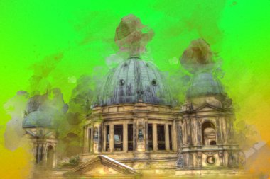 Berliner Dom, Berlin, Deutschland, Almanya, Avrupa, sanat illüstrasyonu antika eskiz