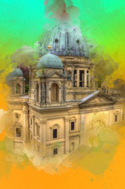 Berliner Dom, Berlin, Deutschland, Almanya, Avrupa, sanat illüstrasyonu antika eskiz
