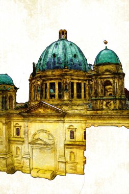 Berliner Dom, Berlin, Deutschland, Almanya, Avrupa, sanat illüstrasyonu antika eskiz