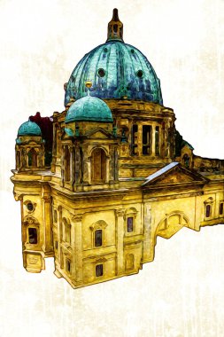 Berliner Dom, Berlin, Deutschland, Almanya, Avrupa, sanat illüstrasyonu antika eskiz