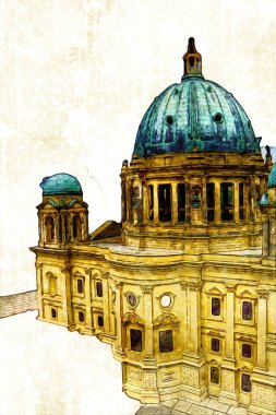 Berliner Dom, Berlin, Deutschland, Almanya, Avrupa, sanat illüstrasyonu antika eskiz