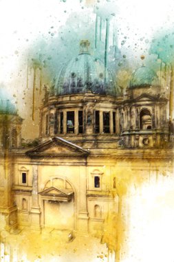 Berliner Dom, Berlin, Deutschland, Almanya, Avrupa, sanat illüstrasyonu antika eskiz