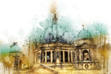 Berliner Dom, Berlin, Deutschland, Almanya, Avrupa, sanat illüstrasyonu antika eskiz