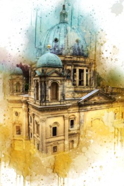 Berliner Dom, Berlin, Deutschland, Almanya, Avrupa, sanat illüstrasyonu antika eskiz