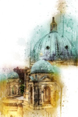 Berliner Dom, Berlin, Deutschland, Almanya, Avrupa, sanat illüstrasyonu antika eskiz