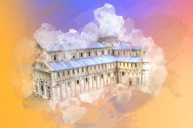 Pisa sanat fotoğrafçılığı, hava manzarası, İtalya, kule, illüstrasyon, antika eskiz