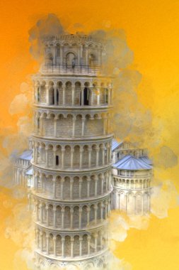 Pisa sanat fotoğrafçılığı, hava manzarası, İtalya, kule, illüstrasyon, antika eskiz