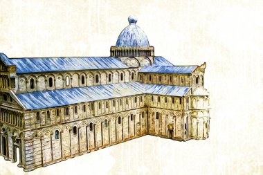 Pisa sanat fotoğrafçılığı, hava manzarası, İtalya, kule, illüstrasyon, antika eskiz