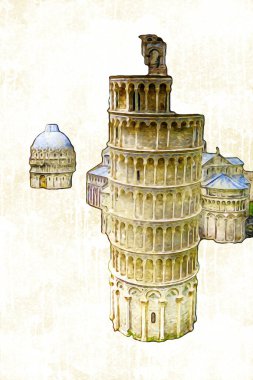 Pisa sanat fotoğrafçılığı, hava manzarası, İtalya, kule, illüstrasyon, antika eskiz