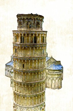 Pisa sanat fotoğrafçılığı, hava manzarası, İtalya, kule, illüstrasyon, antika eskiz