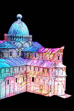 Pisa sanat fotoğrafçılığı, hava manzarası, İtalya, kule, illüstrasyon, antika eskiz