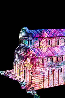 Pisa sanat fotoğrafçılığı, hava manzarası, İtalya, kule, illüstrasyon, antika eskiz