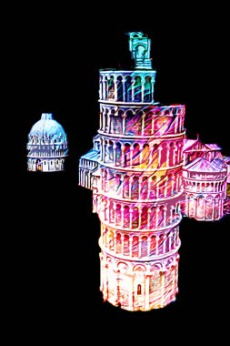 Pisa sanat fotoğrafçılığı, hava manzarası, İtalya, kule, illüstrasyon, antika eskiz