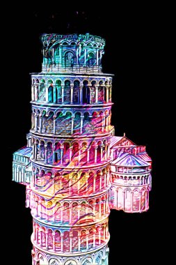 Pisa sanat fotoğrafçılığı, hava manzarası, İtalya, kule, illüstrasyon, antika eskiz