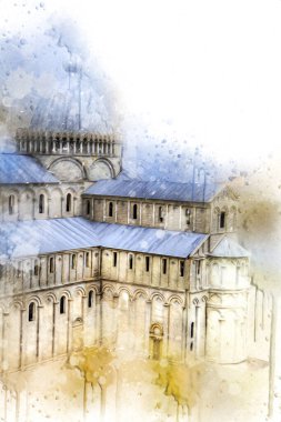 Pisa sanat fotoğrafçılığı, hava manzarası, İtalya, kule, illüstrasyon, antika eskiz