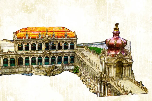 Zwinger Sarayı, sanat galerisi ve müzesi Dresden, Almanya 'da, sanat illüstrasyonu antika eskiz