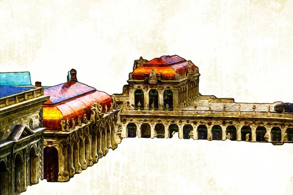 Zwinger Sarayı, sanat galerisi ve müzesi Dresden, Almanya 'da, sanat illüstrasyonu antika eskiz