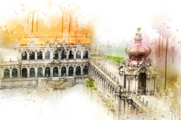 Zwinger Sarayı, sanat galerisi ve müzesi Dresden, Almanya 'da, sanat illüstrasyonu antika eskiz