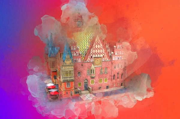 Belediyesi, Wroclaw, Polonya 'lı eski şehir meydanı, sanat illüstrasyonları antika eskizler