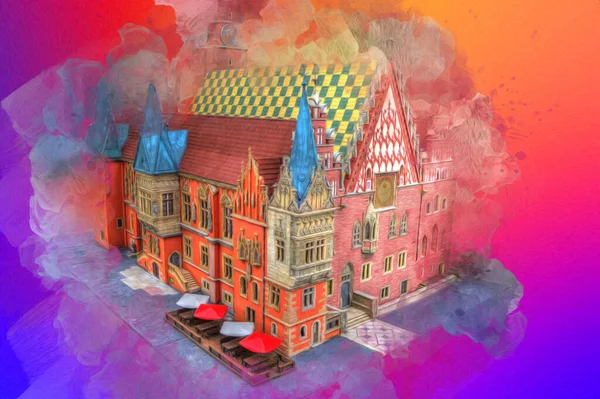 Belediyesi, Wroclaw, Polonya 'lı eski şehir meydanı, sanat illüstrasyonları antika eskizler