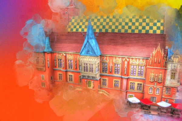 Belediyesi, Wroclaw, Polonya 'lı eski şehir meydanı, sanat illüstrasyonları antika eskizler