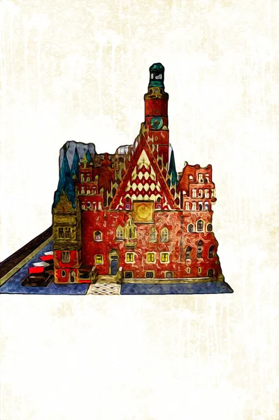 Belediyesi, Wroclaw, Polonya 'lı eski şehir meydanı, sanat illüstrasyonları antika eskizler