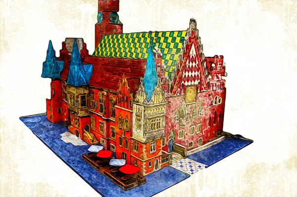 Belediyesi, Wroclaw, Polonya 'lı eski şehir meydanı, sanat illüstrasyonları antika eskizler