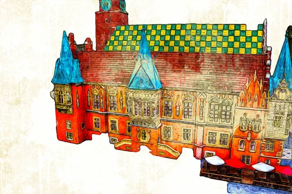 Belediyesi, Wroclaw, Polonya 'lı eski şehir meydanı, sanat illüstrasyonları antika eskizler
