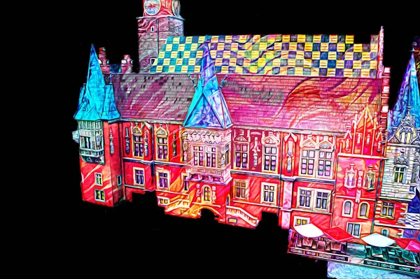 Belediyesi, Wroclaw, Polonya 'lı eski şehir meydanı, sanat illüstrasyonları antika eskizler