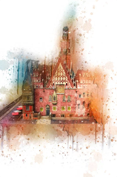 Belediyesi, Wroclaw, Polonya 'lı eski şehir meydanı, sanat illüstrasyonları antika eskizler