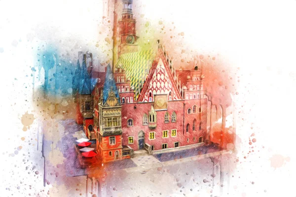 Old Town Square City Hall Wroclaw Poland Art Illustration Retro — Stock Photo, Image