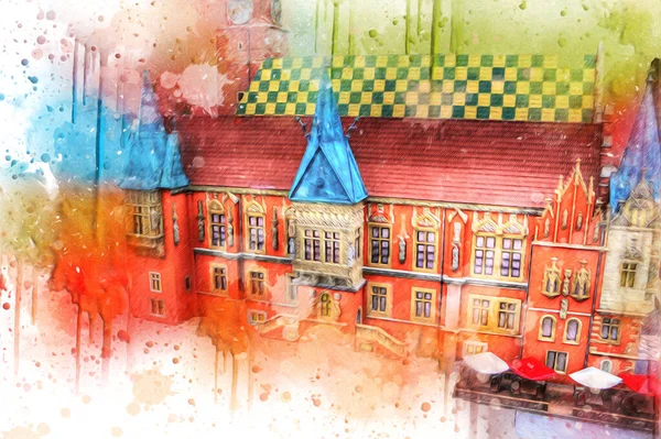 Belediyesi, Wroclaw, Polonya 'lı eski şehir meydanı, sanat illüstrasyonları antika eskizler