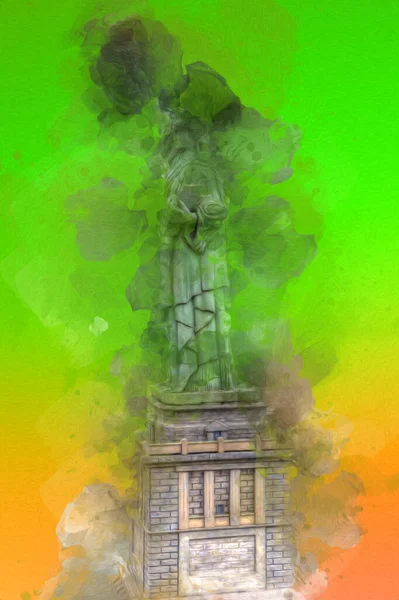 Manhattan, Mimarlık ve Turizm Konsepti 'nin aşağısında yer alan New York şehir manzaralı nehir kenarındaki Özgürlük Anıtı.