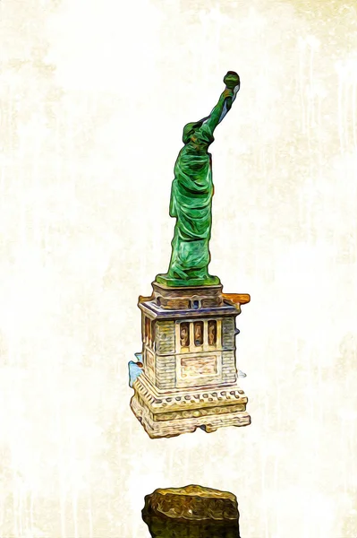 Manhattan, Mimarlık ve Turizm Konsepti 'nin aşağısında yer alan New York şehir manzaralı nehir kenarındaki Özgürlük Anıtı.