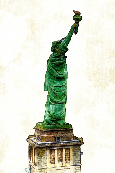 Manhattan, Mimarlık ve Turizm Konsepti 'nin aşağısında yer alan New York şehir manzaralı nehir kenarındaki Özgürlük Anıtı.