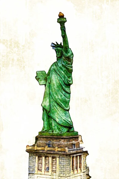 Manhattan, Mimarlık ve Turizm Konsepti 'nin aşağısında yer alan New York şehir manzaralı nehir kenarındaki Özgürlük Anıtı.