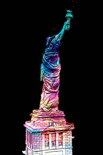 Het Vrijheidsbeeld Boven Scene New York Stadsgezicht Rivier Kant Die — Stockfoto
