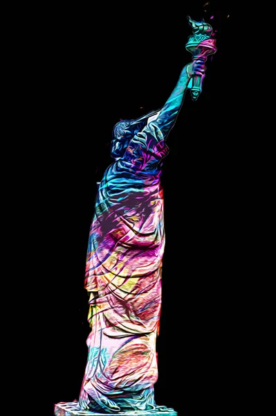 Manhattan, Mimarlık ve Turizm Konsepti 'nin aşağısında yer alan New York şehir manzaralı nehir kenarındaki Özgürlük Anıtı.