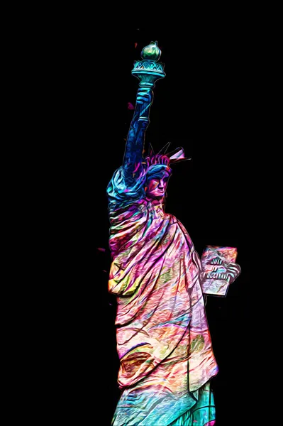 Manhattan, Mimarlık ve Turizm Konsepti 'nin aşağısında yer alan New York şehir manzaralı nehir kenarındaki Özgürlük Anıtı.