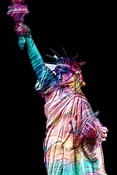 Manhattan, Mimarlık ve Turizm Konsepti 'nin aşağısında yer alan New York şehir manzaralı nehir kenarındaki Özgürlük Anıtı.