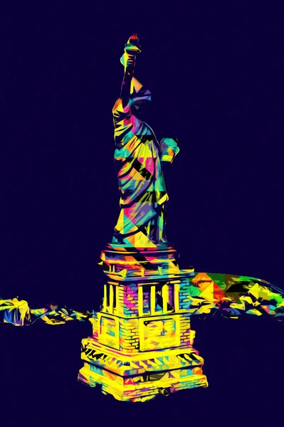 Manhattan, Mimarlık ve Turizm Konsepti 'nin aşağısında yer alan New York şehir manzaralı nehir kenarındaki Özgürlük Anıtı.