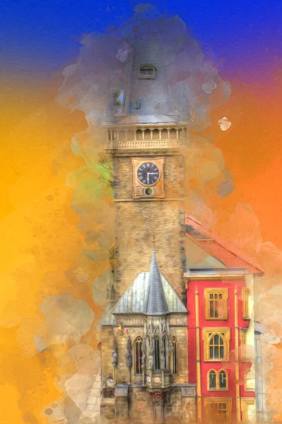 Prag 'daki eski şehir meydanı, Çek Cumhuriyeti, sanat illüstrasyonu antika eskiz