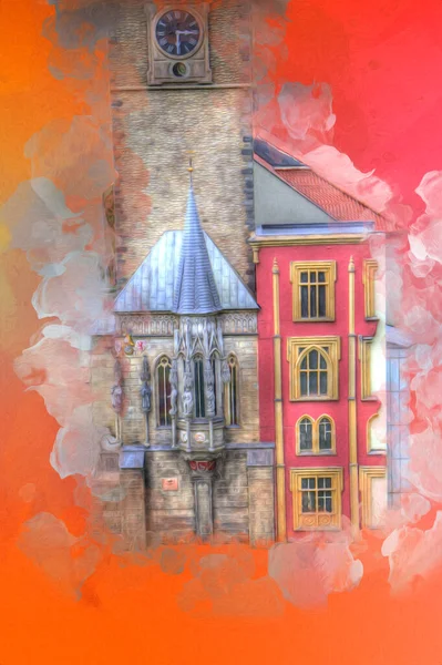 Prag 'daki eski şehir meydanı, Çek Cumhuriyeti, sanat illüstrasyonu antika eskiz