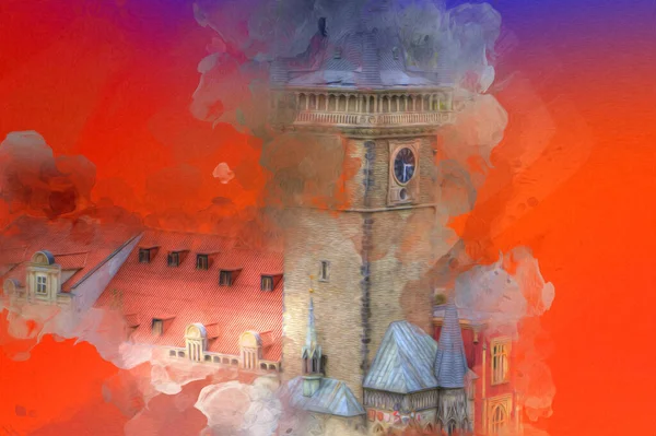 Prag 'daki eski şehir meydanı, Çek Cumhuriyeti, sanat illüstrasyonu antika eskiz