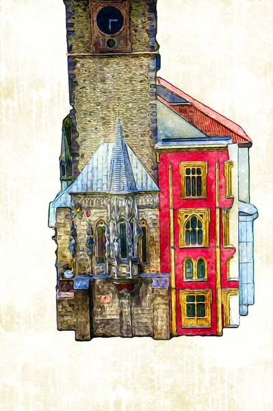 Prag 'daki eski şehir meydanı, Çek Cumhuriyeti, sanat illüstrasyonu antika eskiz