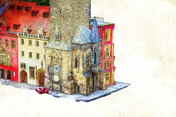 Prag 'daki eski şehir meydanı, Çek Cumhuriyeti, sanat illüstrasyonu antika eskiz