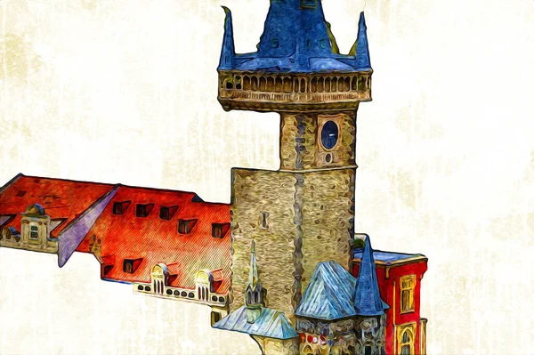 Oude Stadsplein Praag Tsjechië Art Illustration Retro Vintage Antieke Schets — Stockfoto